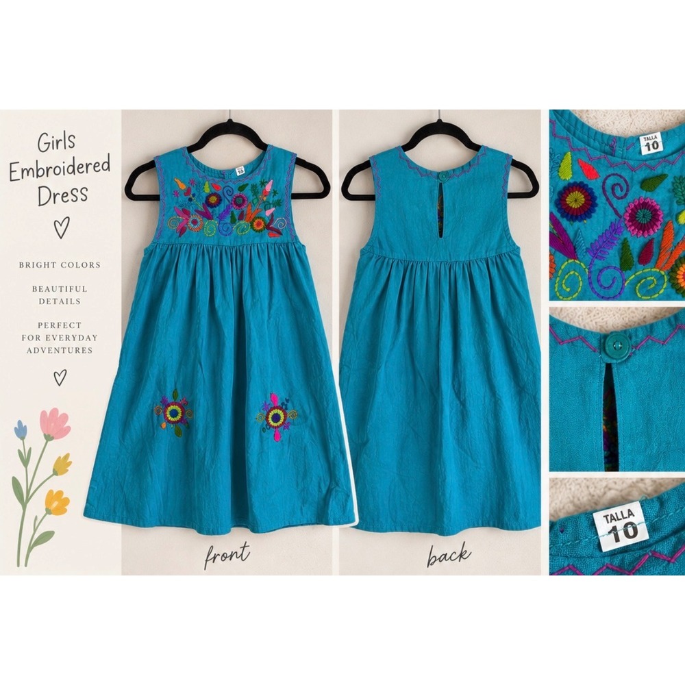 Mexican Hand Embroidered Floral Blouse Turquoise Girls Talla 10 Boho Top
